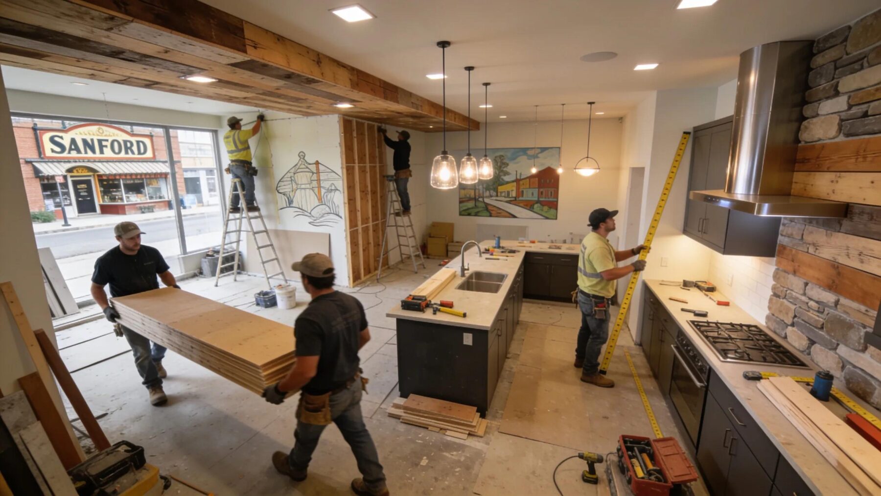 Contractors remodeling an interior commercial space in Sanford