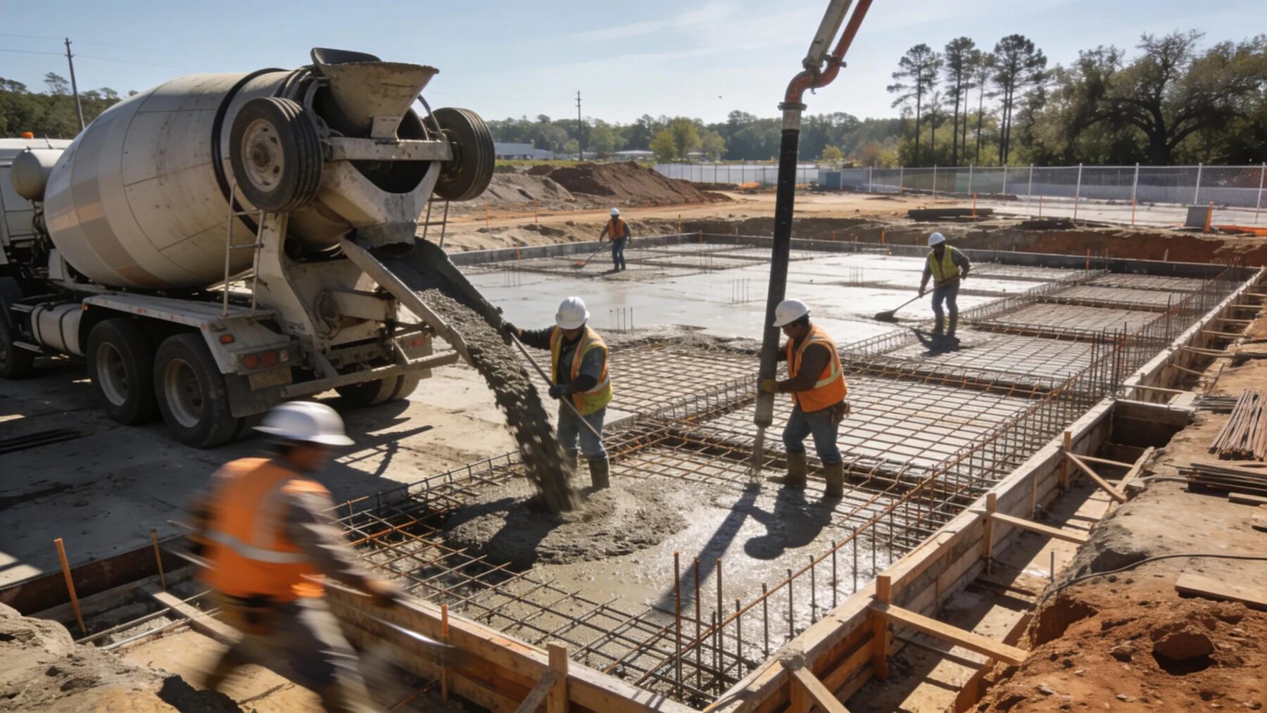 Construction workers pouring concrete for commercial building foundations in Altamonte Springs, emphasizing structural work