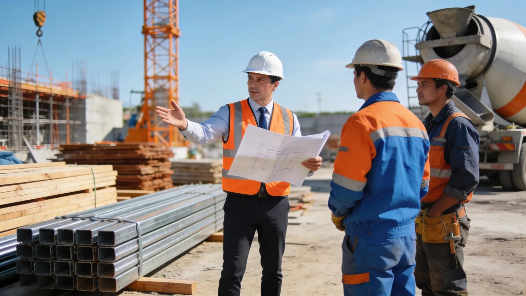 Project manager supervising construction site activities with plans and workers to enhance commercial construction outcomes