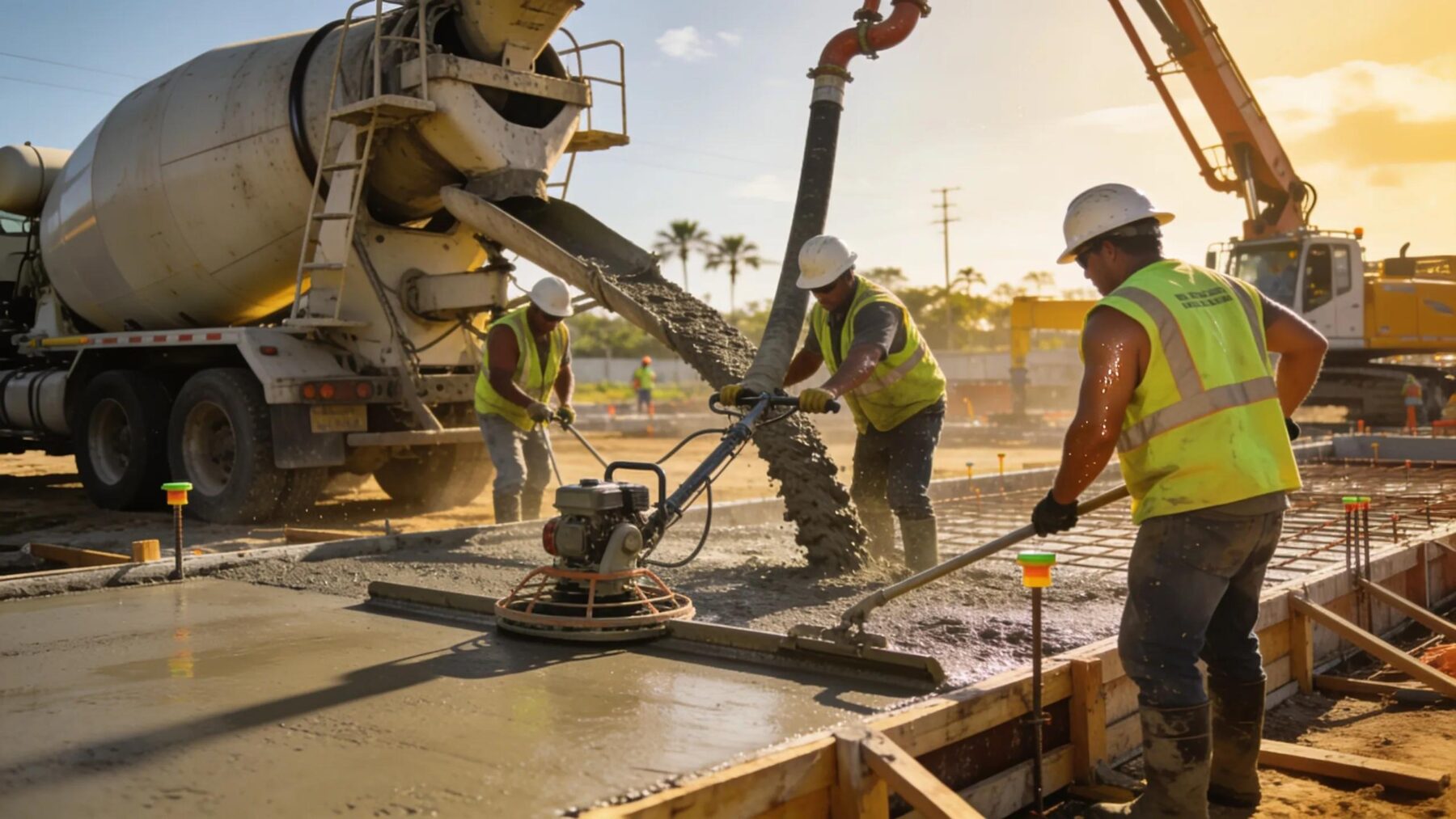Concrete contractors pouring foundations at a commercial construction site