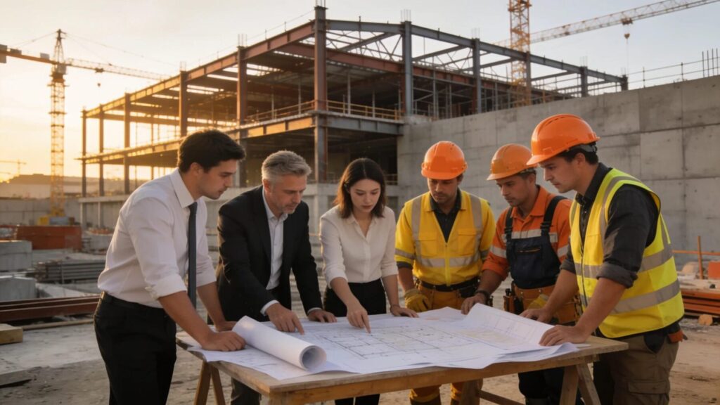 Architects and builders collaborating on commercial design-build projects at a construction site