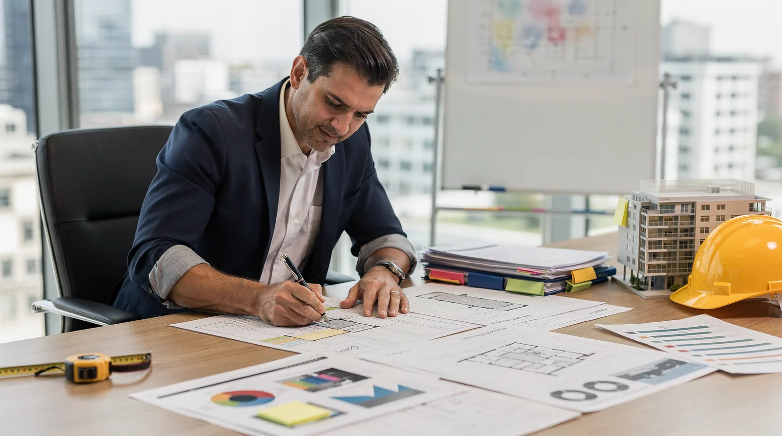 A commercial project manager coordinates every phase of a build, from design through procurement